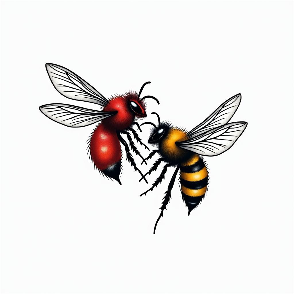 A minimalist line tattoo design featuring flowing lines that incorporate red for Rose and yellow and black for Bee, representing the bond of a father with his daughters. The design should elegantly weave together the colors in a harmonious and abstract way, symbolizing love and connection without using any words or explicit imagery.higly detailed tattoo - Variation 4