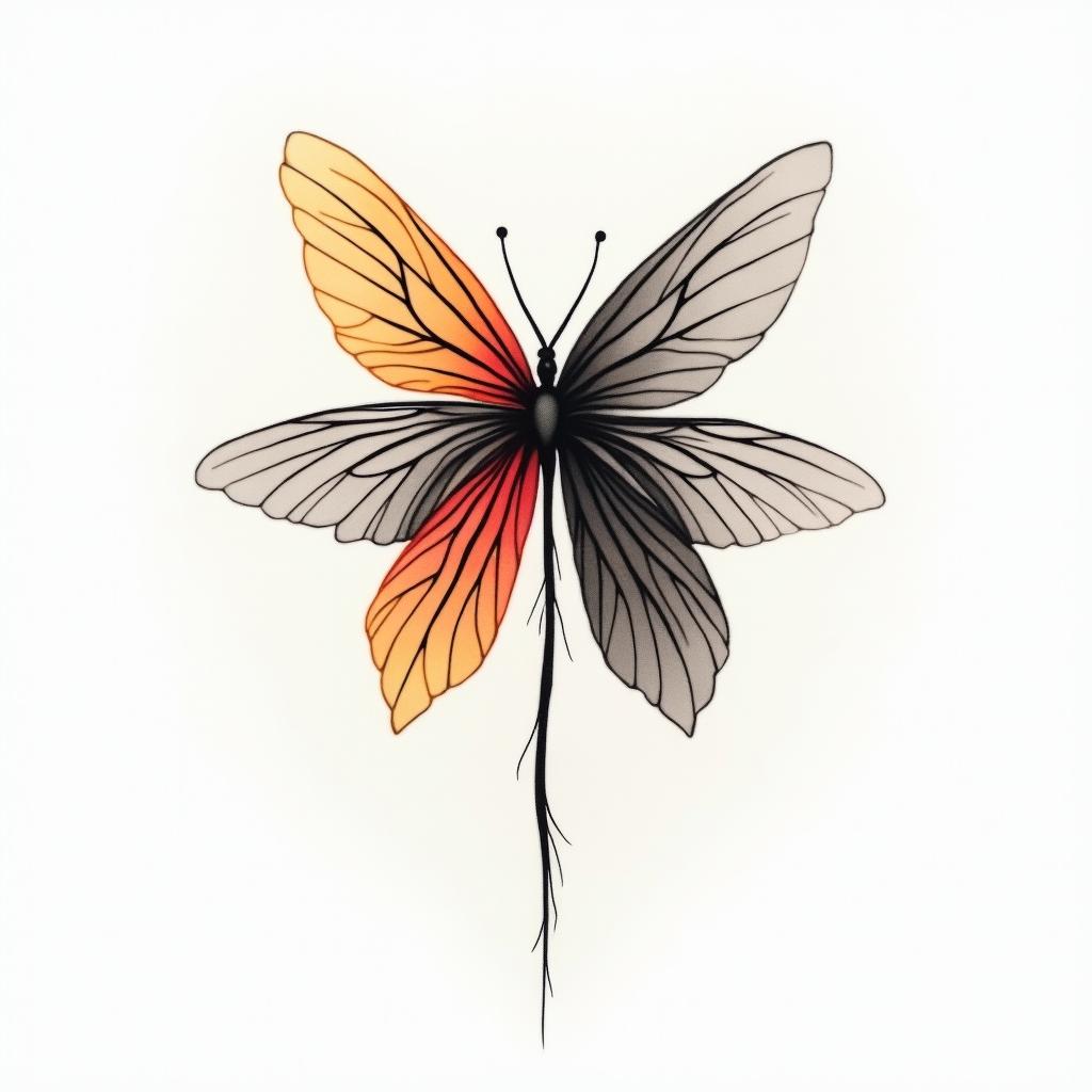 A minimalist line tattoo design featuring flowing lines that incorporate red for Rose and yellow and black for Bee, representing the bond of a father with his daughters. The design should elegantly weave together the colors in a harmonious and abstract way, symbolizing love and connection without using any words or explicit imagery.higly detailed tattoo