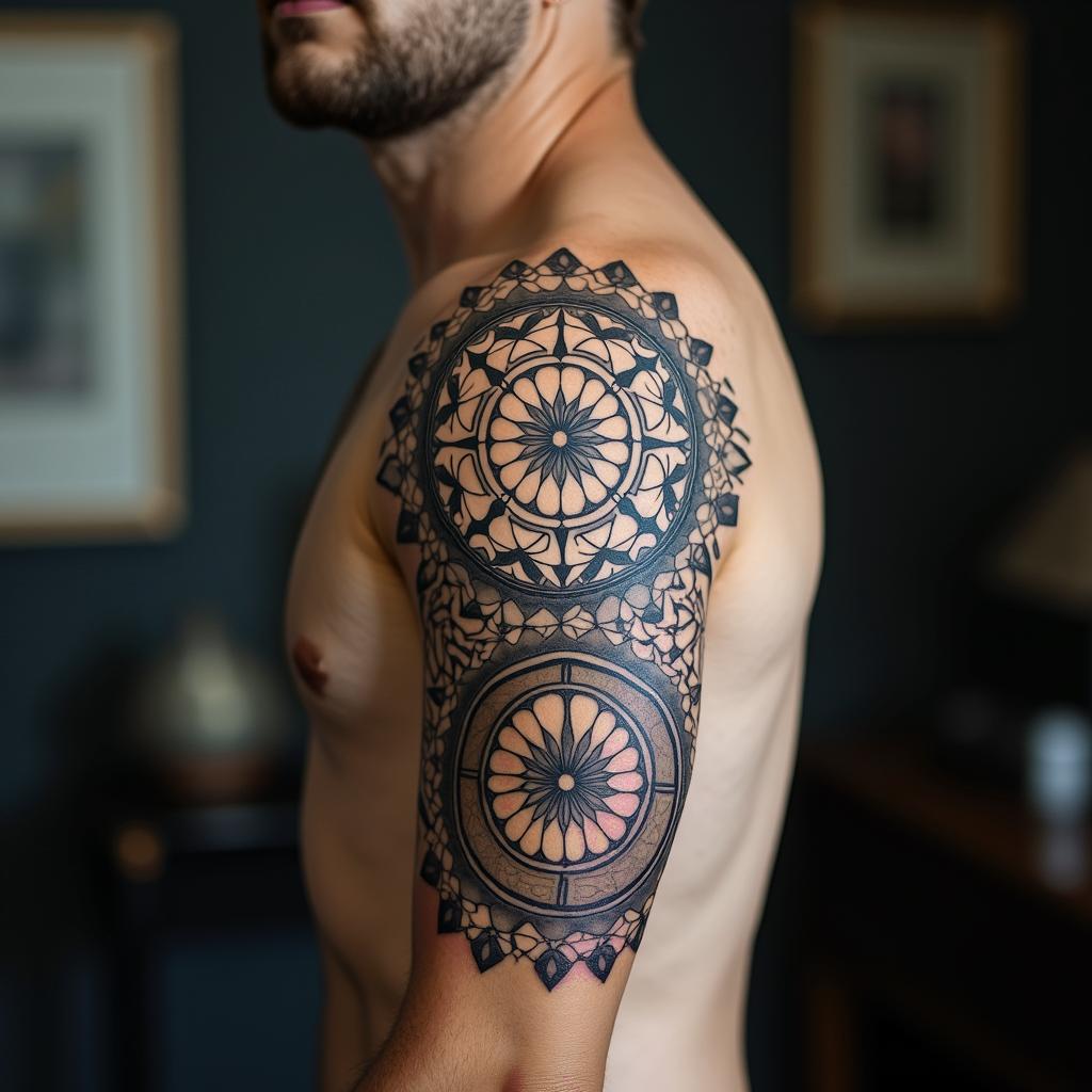 Tools mechanic in geometric style tattoo, blending hexagons, mandala-inspired patterns, symmetrical and fractal design, clean lines, sharp angles - Variation 2