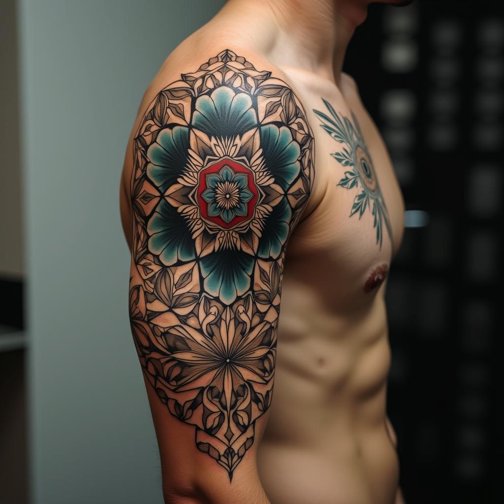 Tools mechanic in geometric style tattoo, blending hexagons, mandala-inspired patterns, symmetrical and fractal design, clean lines, sharp angles - Variation 3