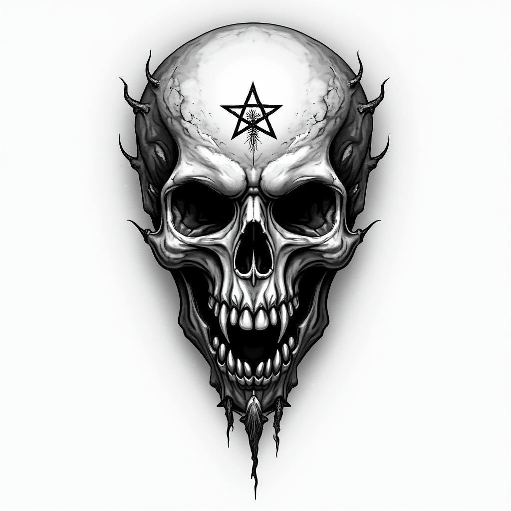 Stoicismcreepy horror tattoo style, featuring an eerie and unsettling skull of a demonic creature, distorted face with sharp fangs, add pentagram symbol - Variation 2