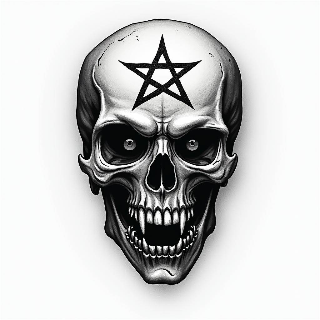 Stoicismcreepy horror tattoo style, featuring an eerie and unsettling skull of a demonic creature, distorted face with sharp fangs, add pentagram symbol - Variation 4