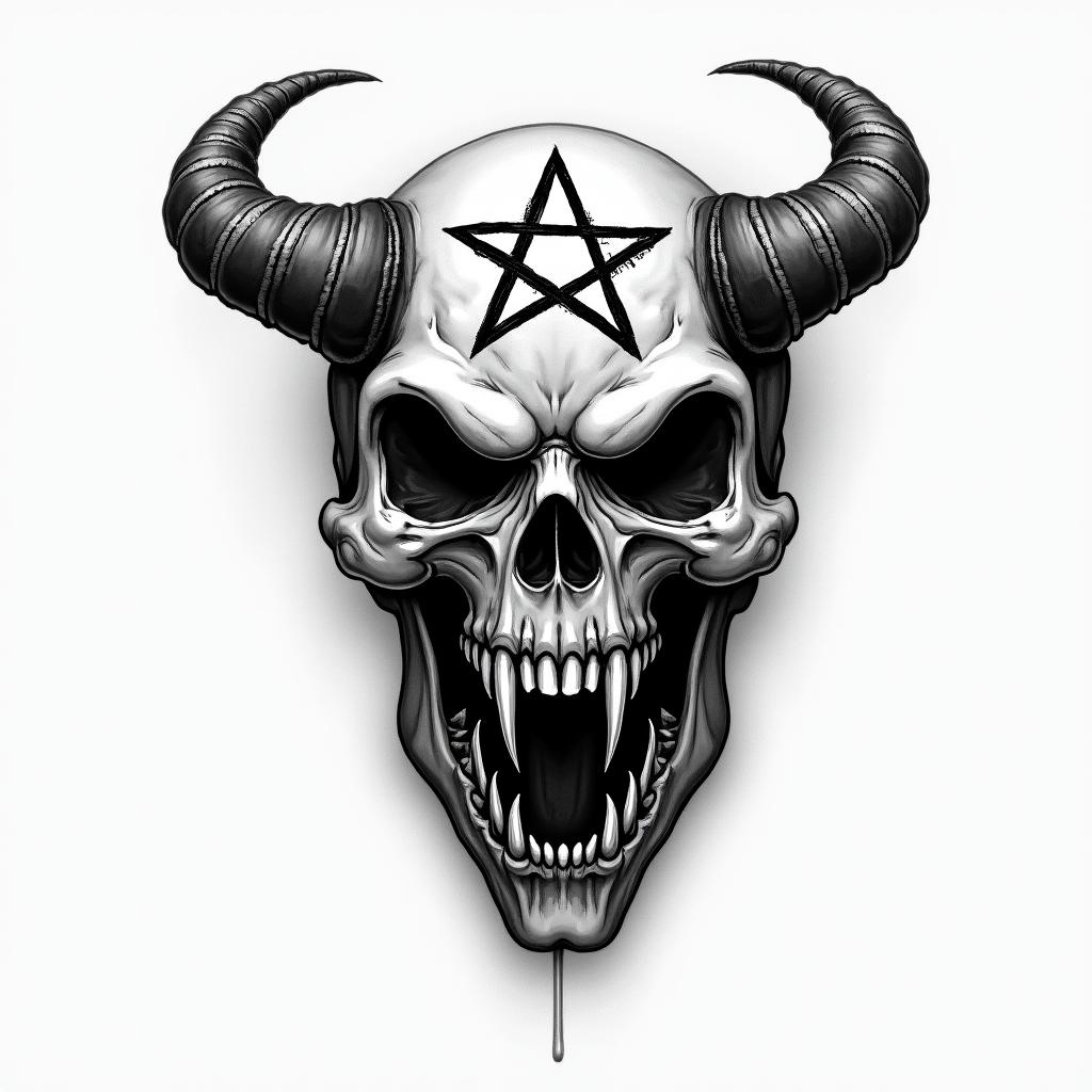 Stoicismcreepy horror tattoo style, featuring an eerie and unsettling skull of a demonic creature, distorted face with sharp fangs, add pentagram symbol