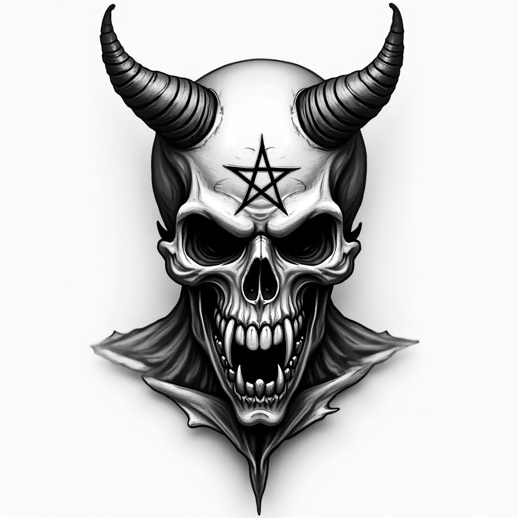 Stoicismcreepy horror tattoo style, featuring an eerie and unsettling skull of a demonic creature, distorted face with sharp fangs, add pentagram symbol - Variation 3