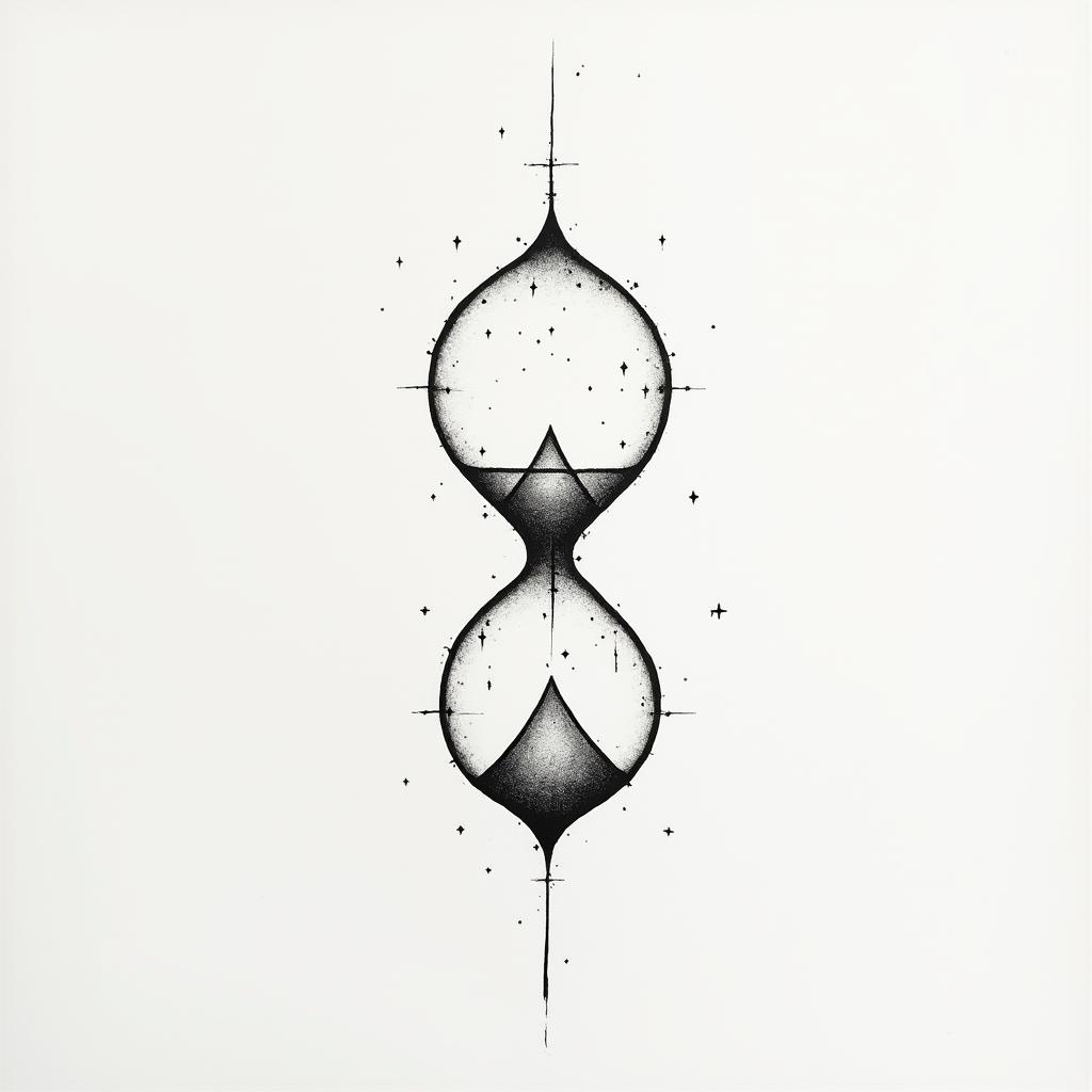 Tattoo should be on the chest. Should be an hourglass. The name of my daughter: Moena. Birthday maybe 17.09.2024.in minimalist style tattoo, featuring simple shapes and fine lines, with minimal shading and details, tiny triangles, creating a sense of balance and harmony - Variation 2