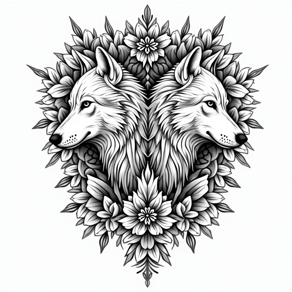 Wolvesin ornamental tattoo style, featuring intricate symmetrical patterns and floral designs, showcasing highly detailed line work and geometric shapes, creating a sense of elegance and balance - Variation 4