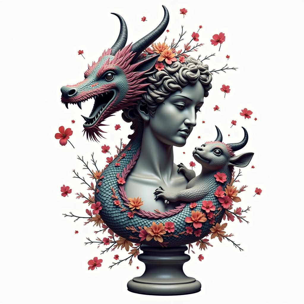 SAKURA COVERED DRAGON SPITTING HEARTS AND PETAL Flowers TO PROTECT A BABY OXin distorted and fragmented tattoo design, featuring a classical statue bust, in a glitch art style with vibrant, overlapping colors of cyan, magenta, and yellow, creating a digital distortion effect - Variation 2