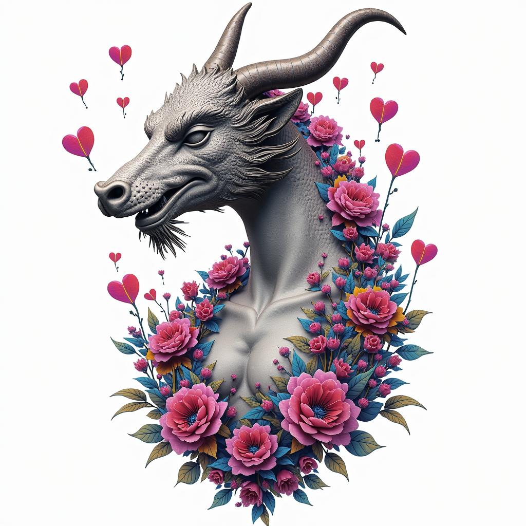 SAKURA COVERED DRAGON SPITTING HEARTS AND PETAL Flowers TO PROTECT A BABY OXin distorted and fragmented tattoo design, featuring a classical statue bust, in a glitch art style with vibrant, overlapping colors of cyan, magenta, and yellow, creating a digital distortion effect - Variation 3