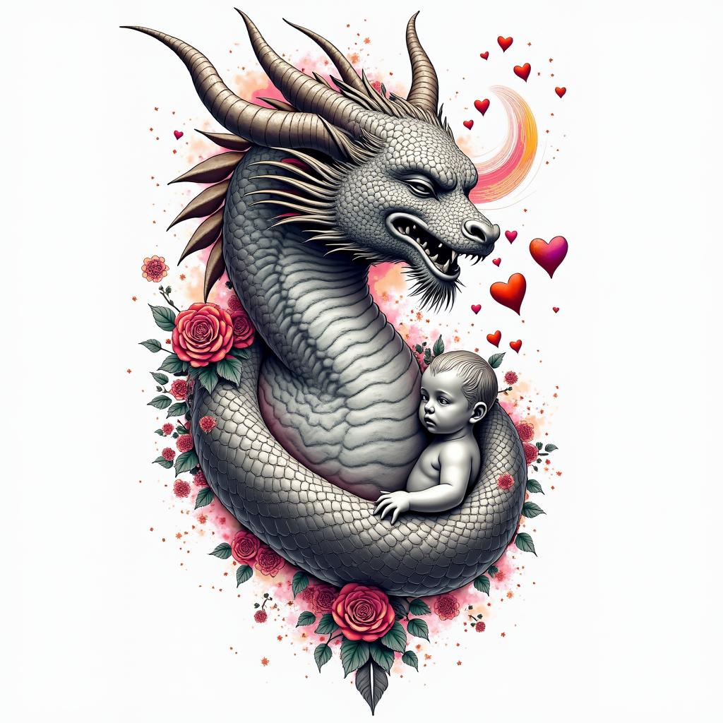 SAKURA COVERED DRAGON SPITTING HEARTS AND PETAL Flowers TO PROTECT A BABY OXin distorted and fragmented tattoo design, featuring a classical statue bust, in a glitch art style with vibrant, overlapping colors of cyan, magenta, and yellow, creating a digital distortion effect - Variation 4