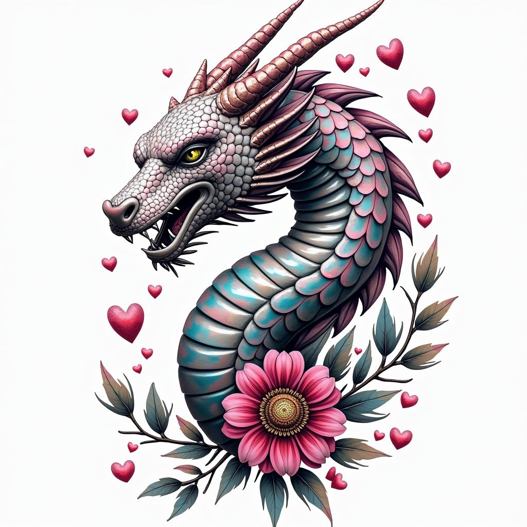 SAKURA COVERED DRAGON SPITTING HEARTS AND PETAL Flowers TO PROTECT A BABY OXin distorted and fragmented tattoo design, featuring a classical statue bust, in a glitch art style with vibrant, overlapping colors of cyan, magenta, and yellow, creating a digital distortion effect
