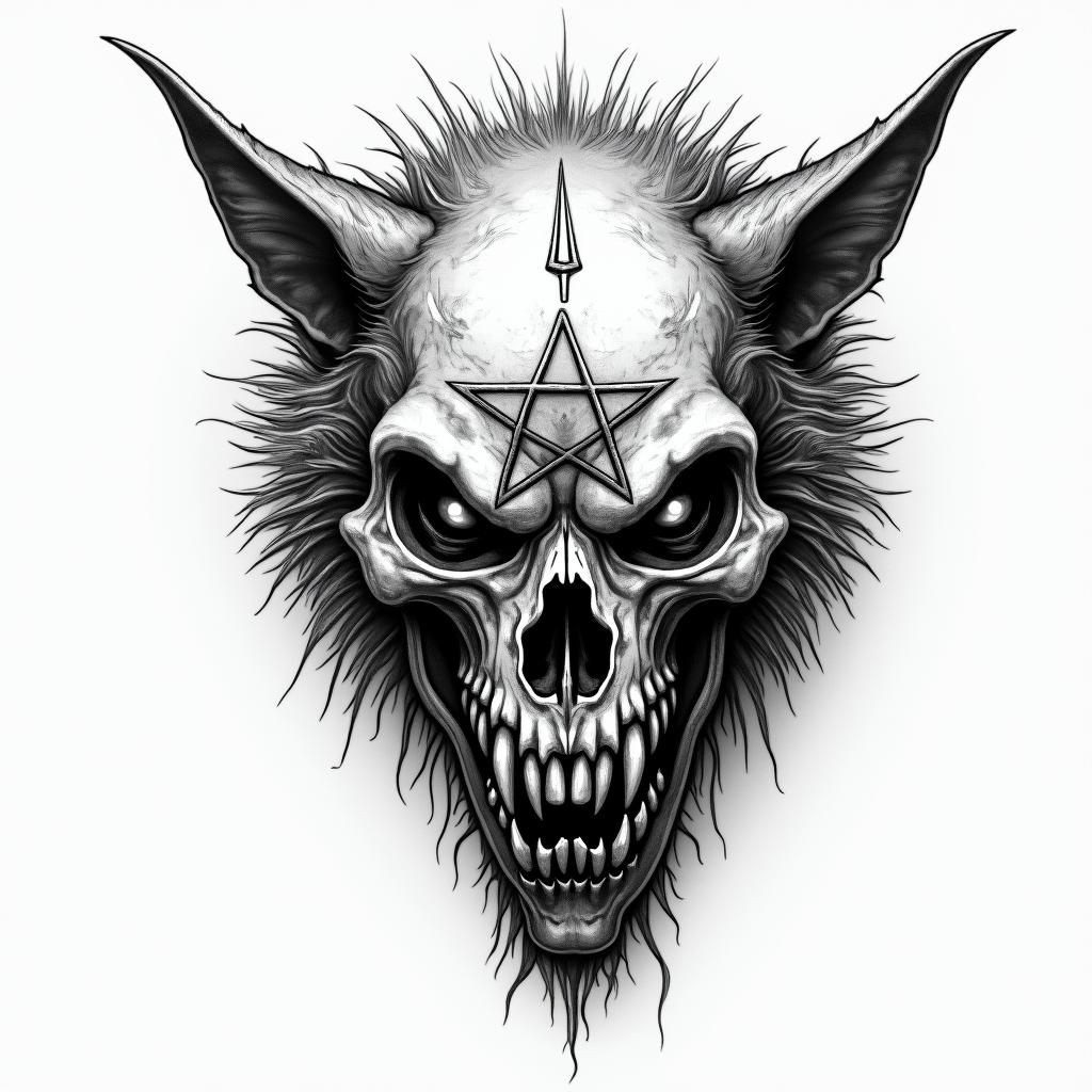 Wolvescreepy horror tattoo style, featuring an eerie and unsettling skull of a demonic creature, distorted face with sharp fangs, add pentagram symbol - Variation 3
