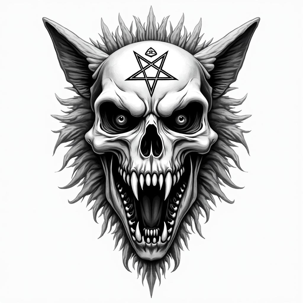 Wolvescreepy horror tattoo style, featuring an eerie and unsettling skull of a demonic creature, distorted face with sharp fangs, add pentagram symbol - Variation 2