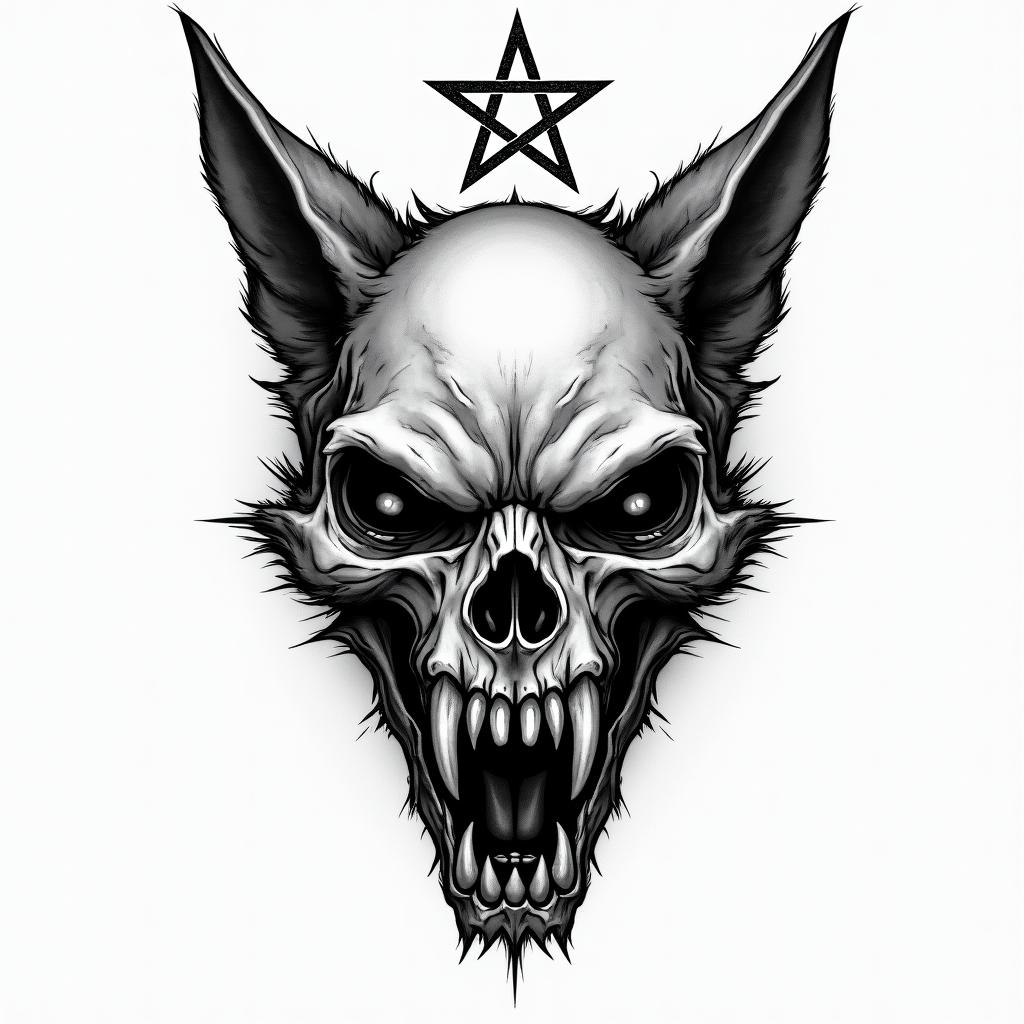Wolvescreepy horror tattoo style, featuring an eerie and unsettling skull of a demonic creature, distorted face with sharp fangs, add pentagram symbol