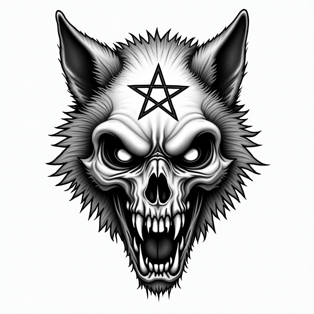 Wolvescreepy horror tattoo style, featuring an eerie and unsettling skull of a demonic creature, distorted face with sharp fangs, add pentagram symbol - Variation 4