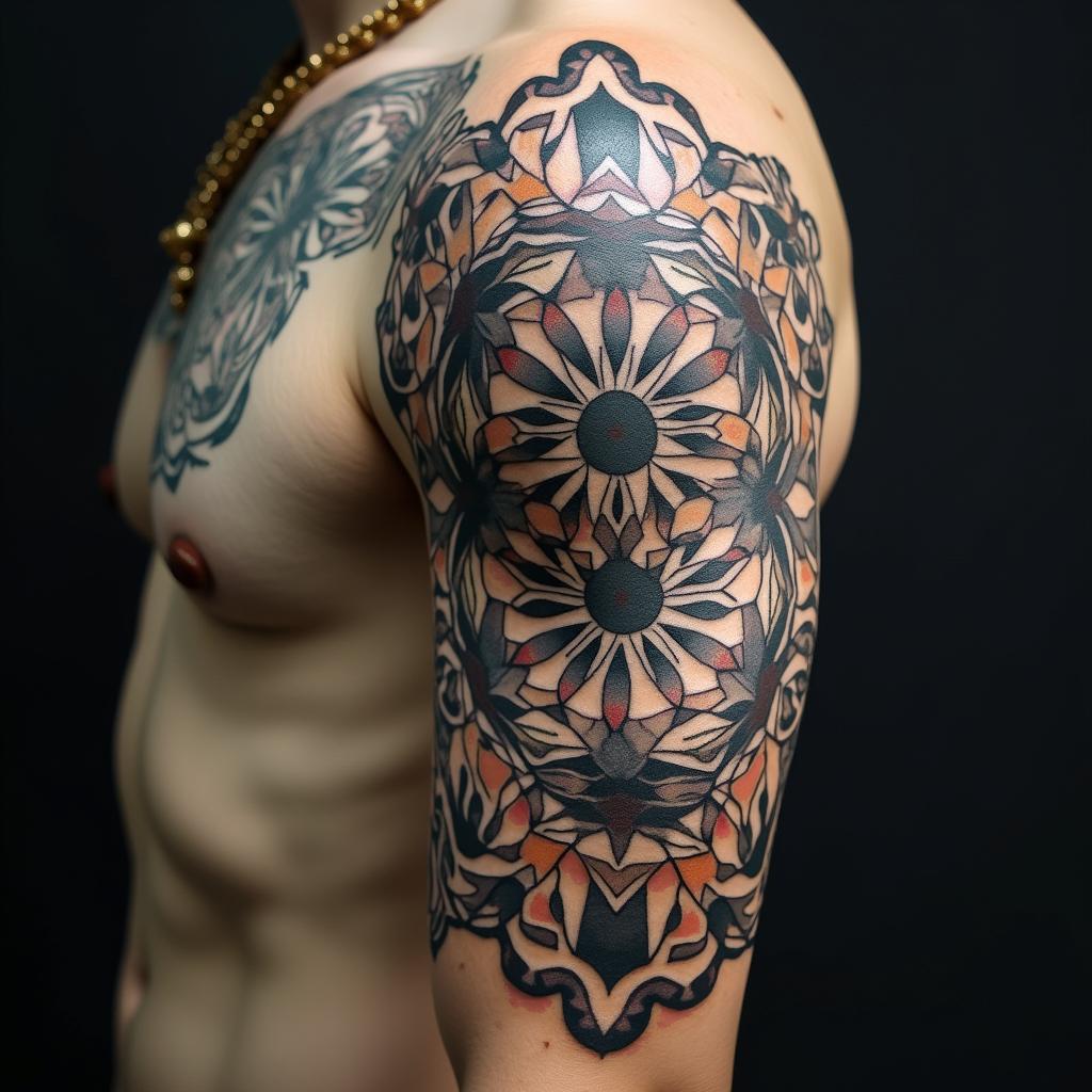 Automotive Technician tools in geometric style tattoo, blending hexagons, mandala-inspired patterns, symmetrical and fractal design, clean lines, sharp angles - Variation 3
