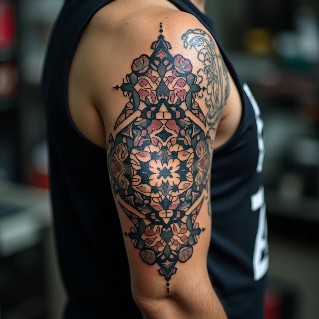 Automotive Technician tools in geometric style tattoo, blending hexagons, mandala-inspired patterns, symmetrical and fractal design, clean lines, sharp angles - Variation 1