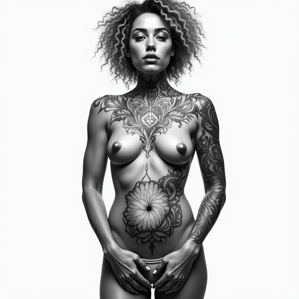 Naked woman with a big asshigly detailed tattoo - Variation 4
