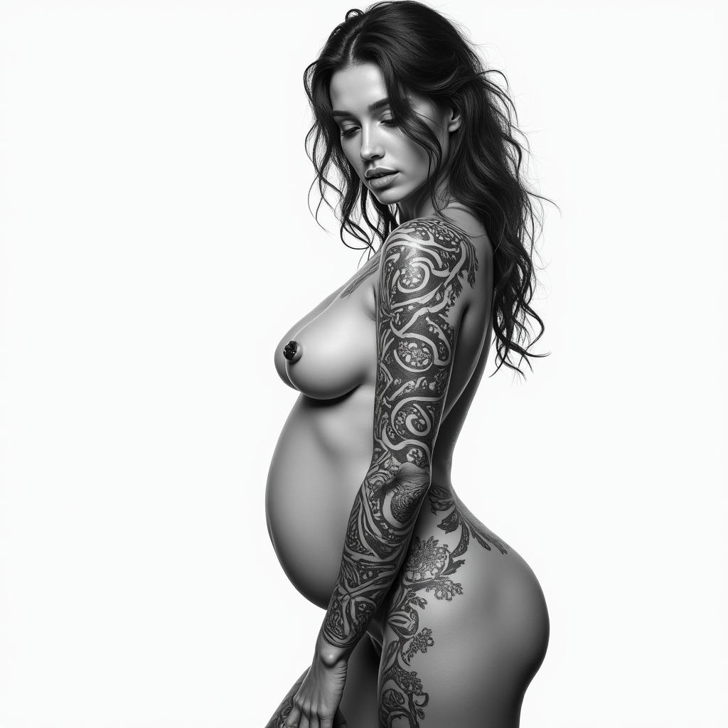 Naked woman with a big asshigly detailed tattoo - Variation 2