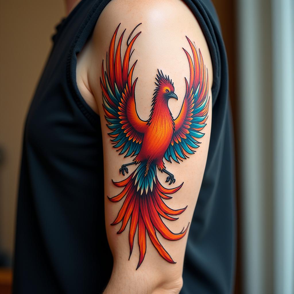 Rising phoenix with vibrant fiery wingsin pop art style tattoo, featuring bold and vibrant colors, exaggerated outlines, iconic imagery, inspired by comic books and speech bubbles, comic book characters, retro pop culture
