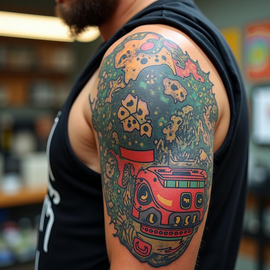 Automotive Technician toolsin pop art style tattoo, featuring bold and vibrant colors, exaggerated outlines, iconic imagery, inspired by comic books and speech bubbles, comic book characters, retro pop culture - Variation 2