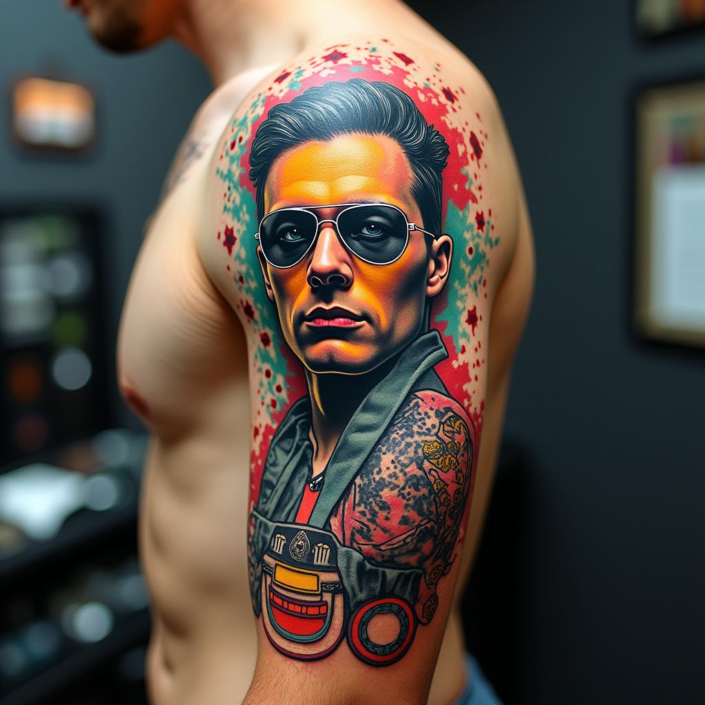 Automotive Technician toolsin pop art style tattoo, featuring bold and vibrant colors, exaggerated outlines, iconic imagery, inspired by comic books and speech bubbles, comic book characters, retro pop culture