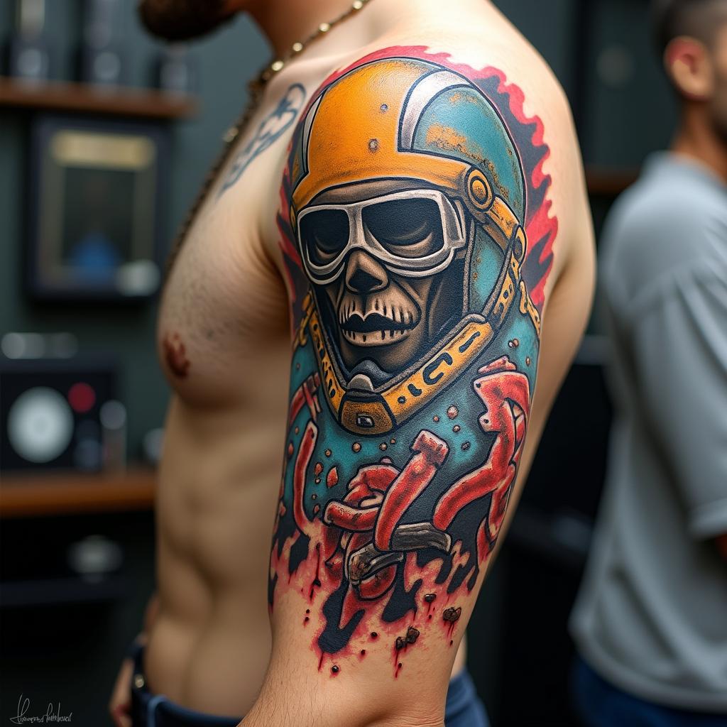 Automotive Technician toolsin pop art style tattoo, featuring bold and vibrant colors, exaggerated outlines, iconic imagery, inspired by comic books and speech bubbles, comic book characters, retro pop culture - Variation 3