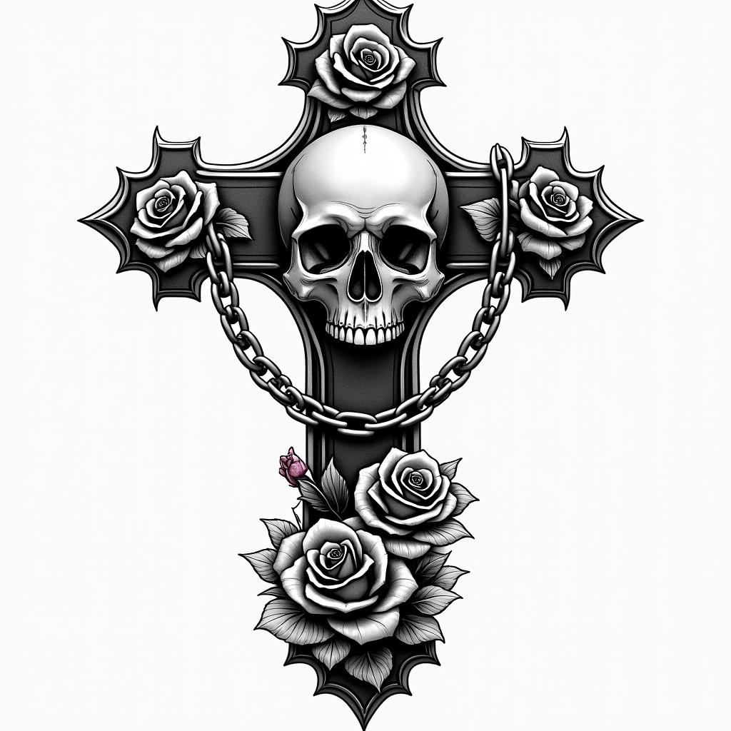 Stoicismin chicano style tattoo, featuring intricate black and grey shading, bold elements of traditional chicano culture symbols, add a big cross with skull, chains and roses - Variation 3