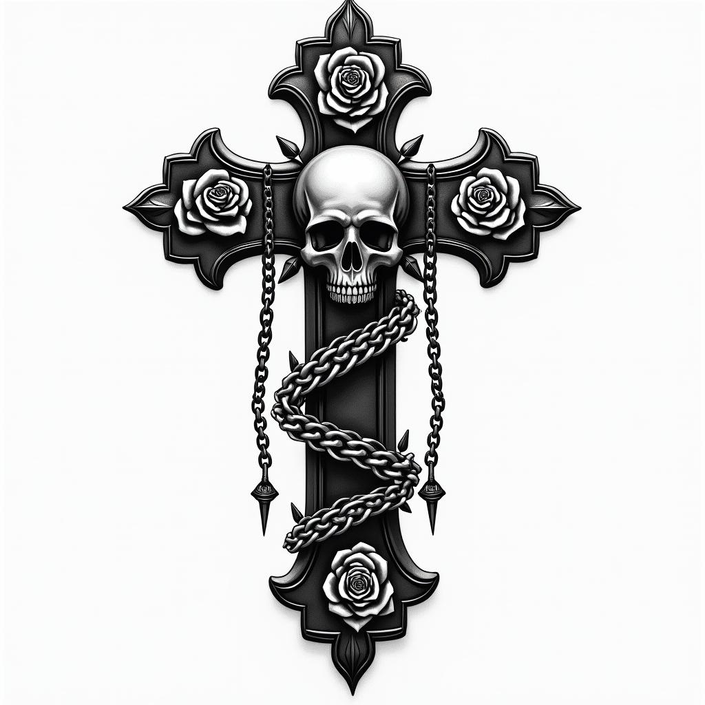 Stoicismin chicano style tattoo, featuring intricate black and grey shading, bold elements of traditional chicano culture symbols, add a big cross with skull, chains and roses