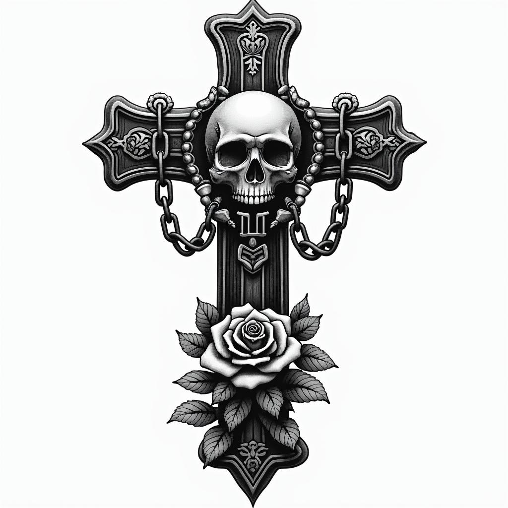 Stoicismin chicano style tattoo, featuring intricate black and grey shading, bold elements of traditional chicano culture symbols, add a big cross with skull, chains and roses - Variation 2
