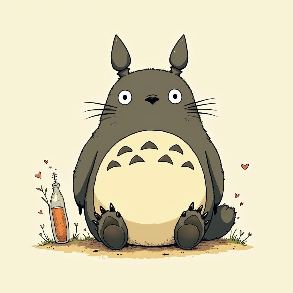 Totoro on coke with slutsGhibli, Studio Ghibli aesthetic, hand-drawn anime style, retro nostalgic atmosphere, retro soft pastel color palette with earthy tones, retro Japanese cinematic shot, yellow tint effect, bald character, smooth surface, anime shadow 90's anime style - Variation 3