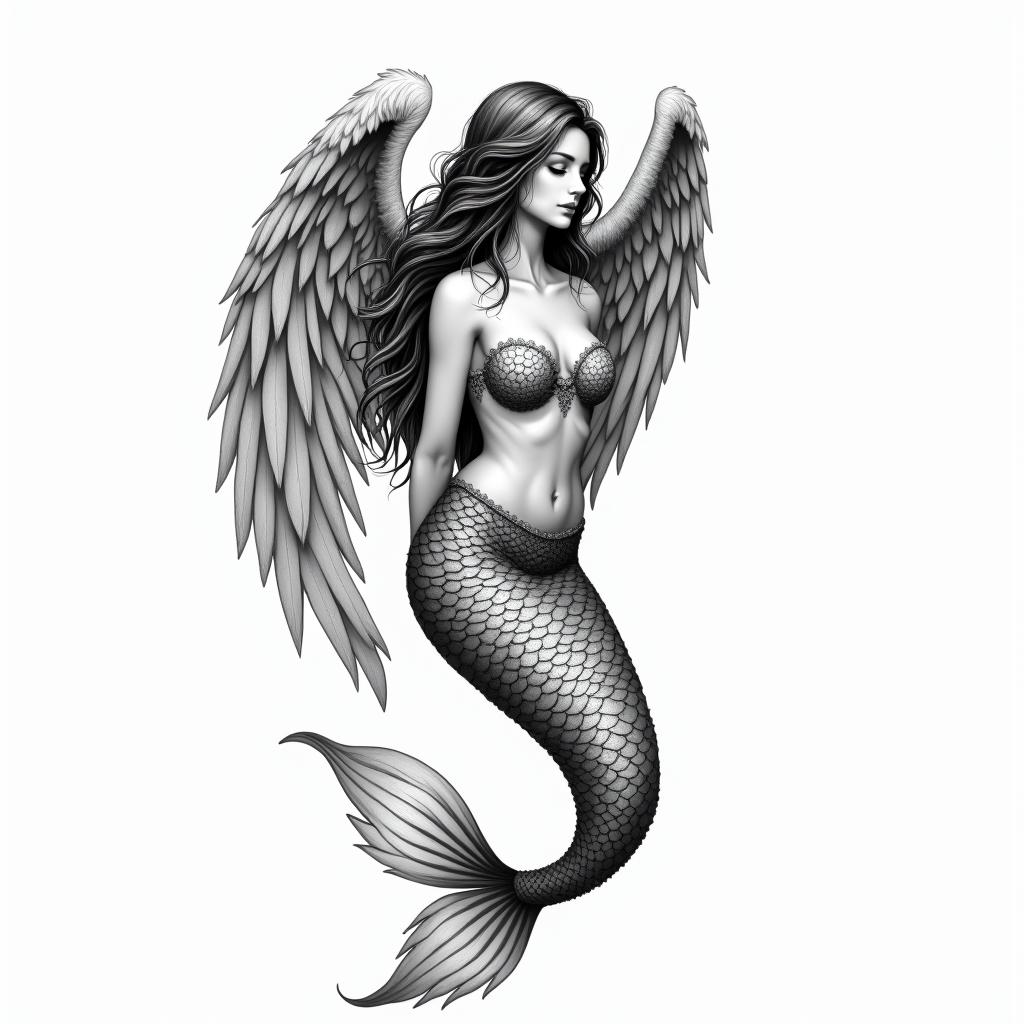 Mermaid with angel wingsin bohemian style tattoo, 8k
