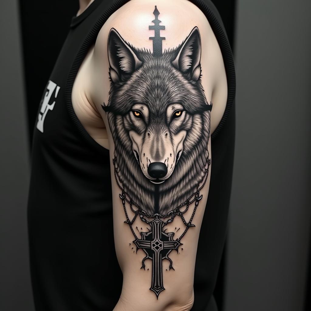 Wolfin chicano style tattoo, featuring intricate black and grey shading, bold elements of traditional chicano culture symbols, add a big cross with skull, chains and roses - Variation 1