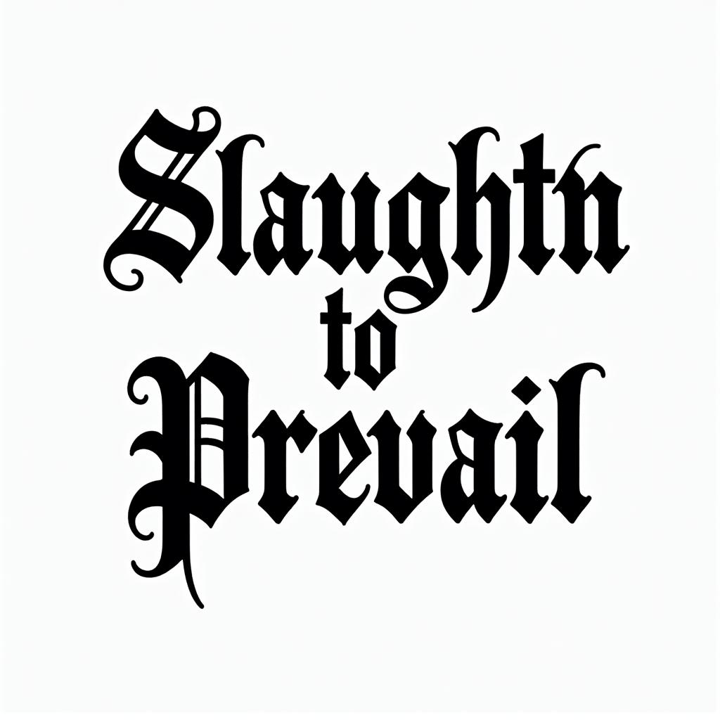Slaughter to Prevailtext-based tattoo, gothic font ultra-realistic, perfectly placed, high-quality font design, photo-realistic shading, 8k, high quality, finely detailed typography - Variation 2