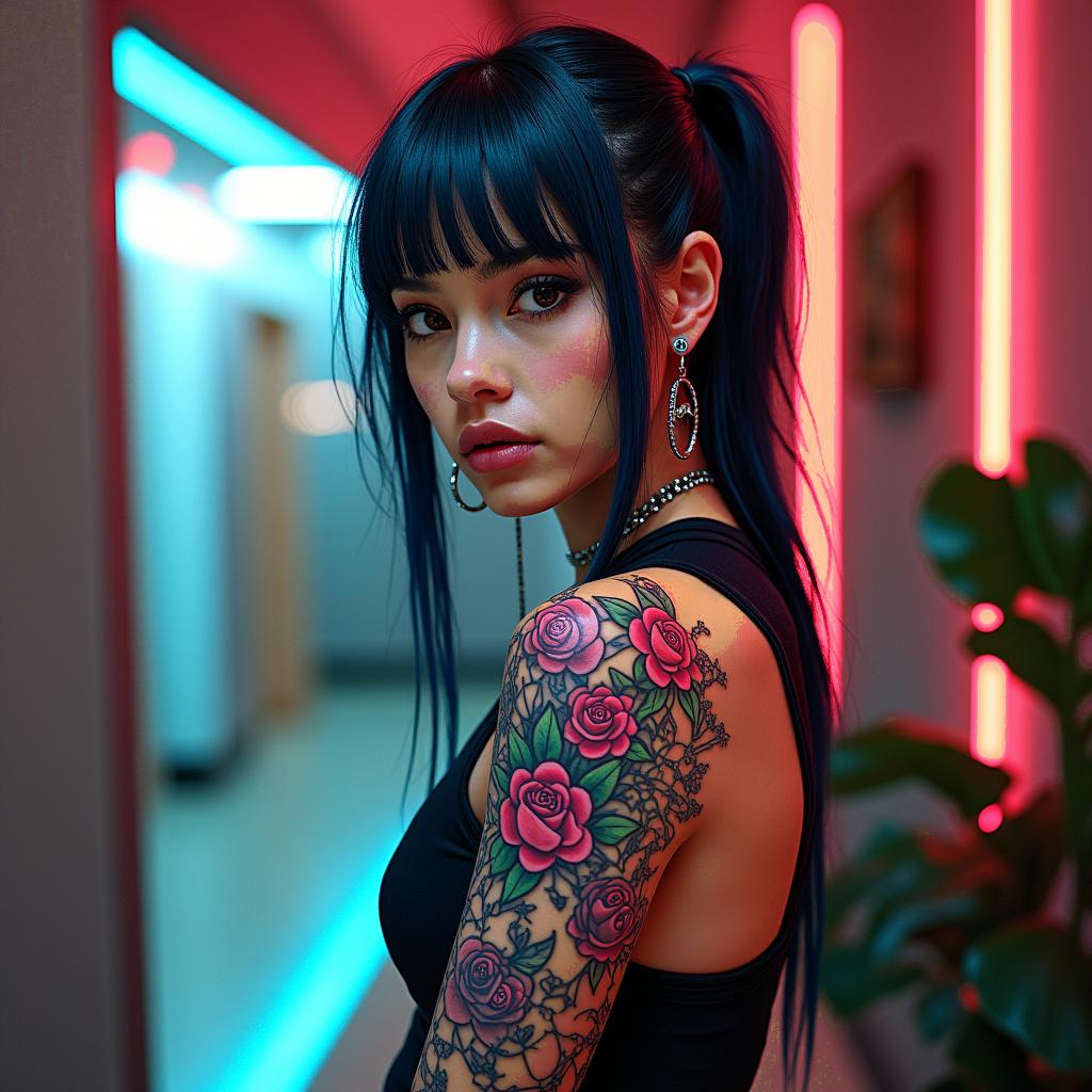 Futuristic cyberpunk girl with neon accentsin pop art style tattoo, featuring bold and vibrant colors, exaggerated outlines, iconic imagery, inspired by comic books and speech bubbles, comic book characters, retro pop culture