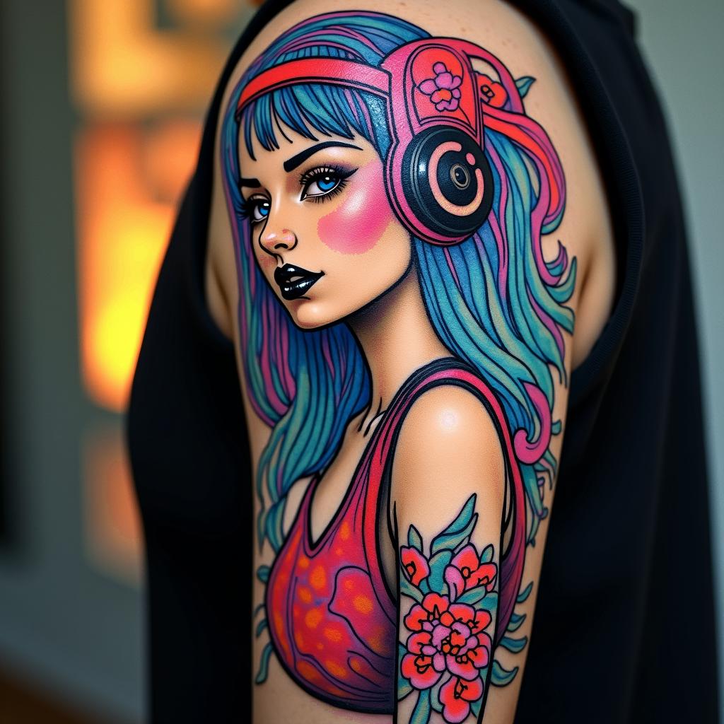 Futuristic cyberpunk girl with neon accentsin pop art style tattoo, featuring bold and vibrant colors, exaggerated outlines, iconic imagery, inspired by comic books and speech bubbles, comic book characters, retro pop culture - Variation 3