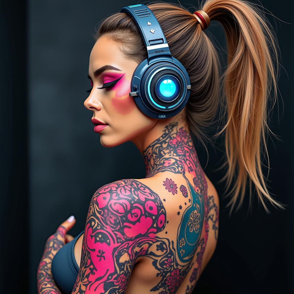 Futuristic cyberpunk girl with neon accentsin pop art style tattoo, featuring bold and vibrant colors, exaggerated outlines, iconic imagery, inspired by comic books and speech bubbles, comic book characters, retro pop culture - Variation 4