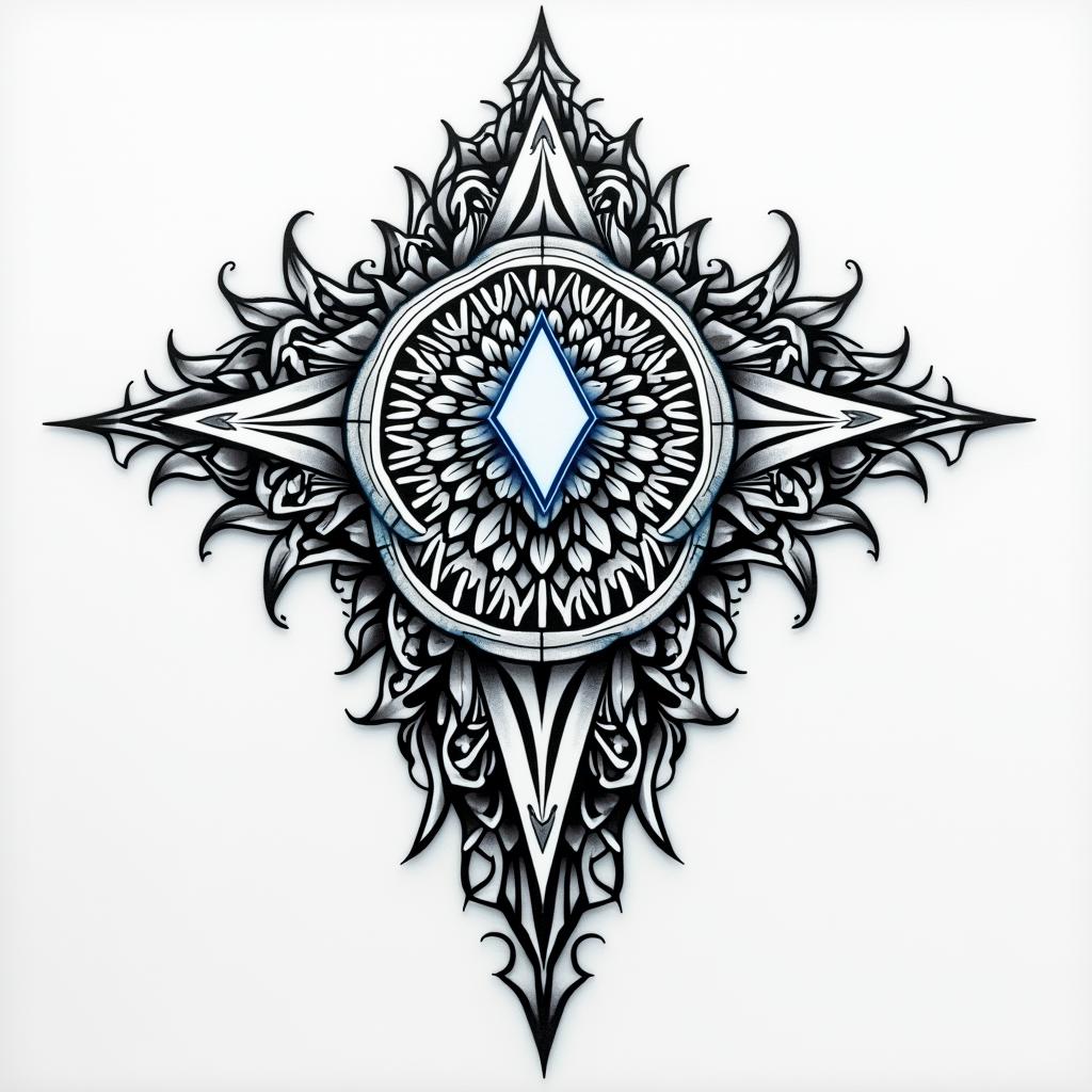 tribal tattoo with two large squares in the each side of the chest with a obelisk shaped (diamond the larger top than bottom half, in the center of the chest. black line work with baby blue highlights around circular patterns. cover the cut of the chest up. do not cover the abdomen. cover the arms to the short sleeve length. Cover the shoulderblades in the back. shadowing in black/ grey to provide depth. in geometric style tattoo, blending hexagons, mandala-inspired patterns, symmetrical and fractal design, clean lines, sharp angles - Variation 1
