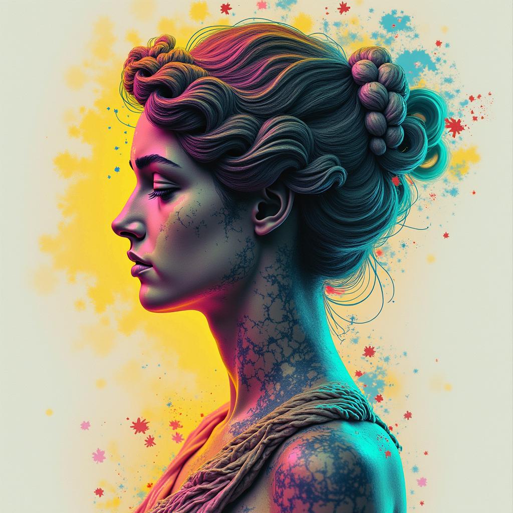 I would like illustrations that summarize my wounds, my fears, my doubts, my joys.in distorted and fragmented tattoo design, featuring a classical statue bust, in a glitch art style with vibrant, overlapping colors of cyan, magenta, and yellow, creating a digital distortion effect - Variation 5