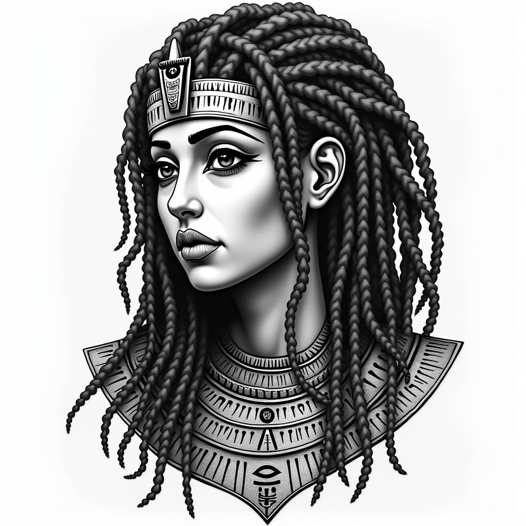 Long Locs, strong yet in pain beautiful and lovingin egyptian style tattoo, bold elements of ancient egyptian culture including a portrait of an Egyptian pharaoh with detailed facial features, in hieroglyphs and symbolic imagery, eye of horus, ankh symbol, scarab beetle - Variation 4