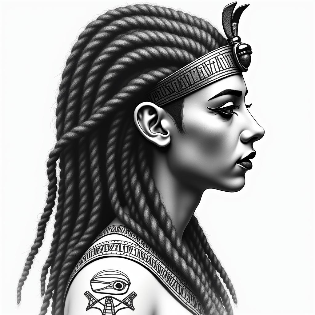 Long Locs, strong yet in pain beautiful and lovingin egyptian style tattoo, bold elements of ancient egyptian culture including a portrait of an Egyptian pharaoh with detailed facial features, in hieroglyphs and symbolic imagery, eye of horus, ankh symbol, scarab beetle - Variation 2