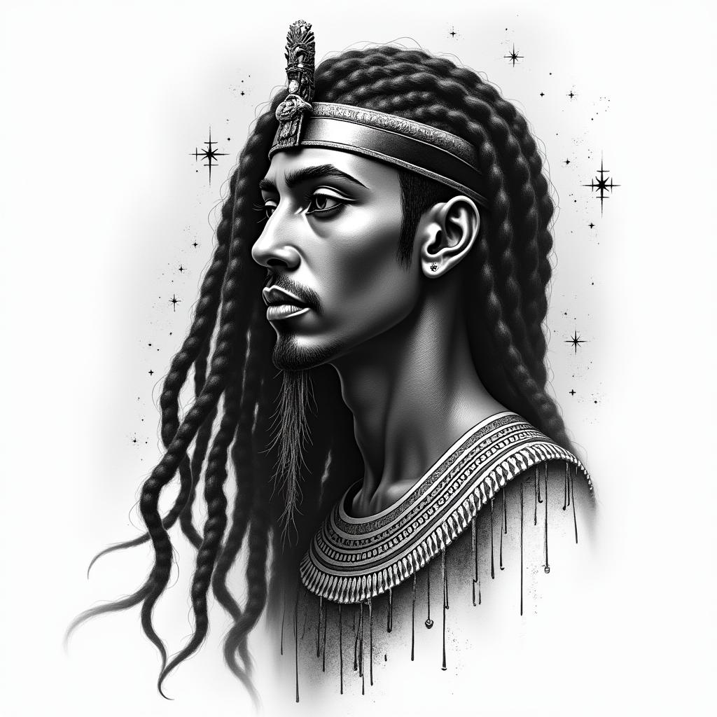Long Locs, strong yet in pain beautiful and lovingin egyptian style tattoo, bold elements of ancient egyptian culture including a portrait of an Egyptian pharaoh with detailed facial features, in hieroglyphs and symbolic imagery, eye of horus, ankh symbol, scarab beetle