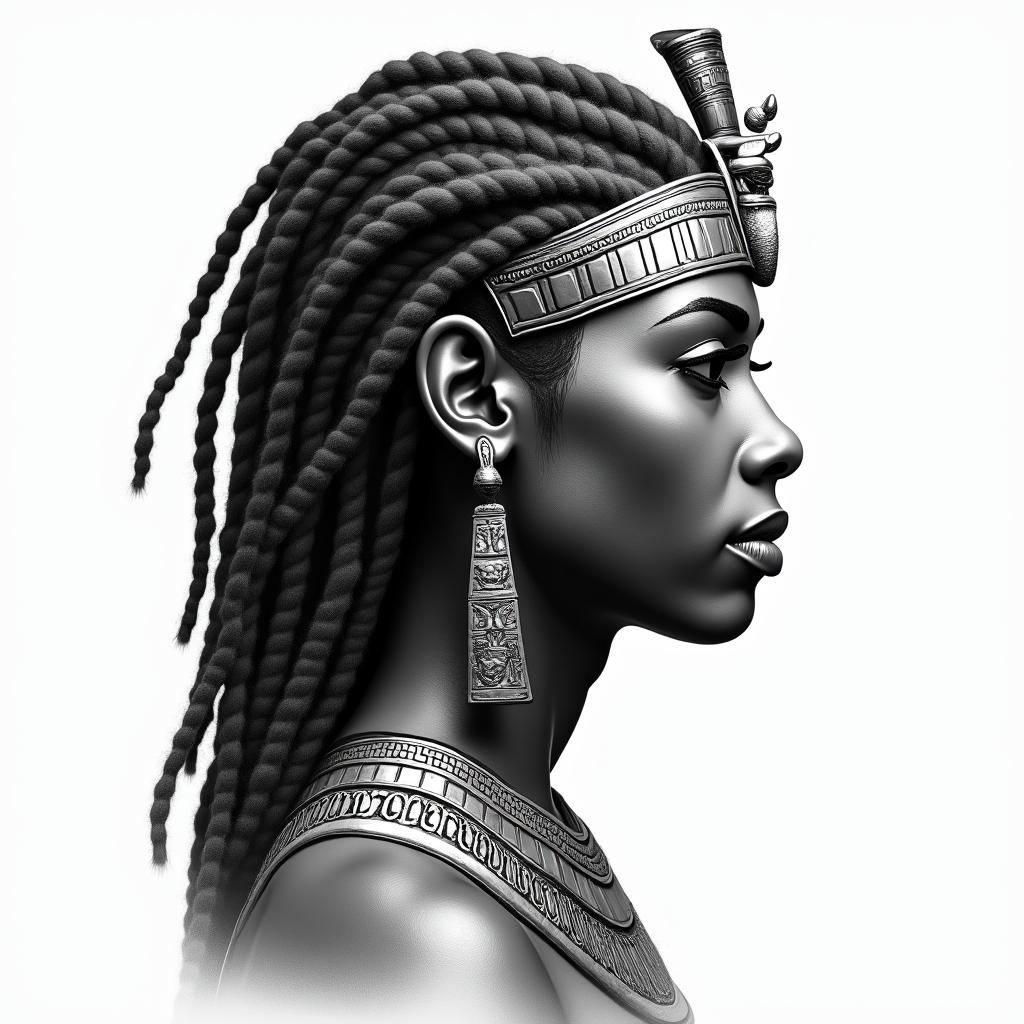 Long Locs, strong yet in pain beautiful and lovingin egyptian style tattoo, bold elements of ancient egyptian culture including a portrait of an Egyptian pharaoh with detailed facial features, in hieroglyphs and symbolic imagery, eye of horus, ankh symbol, scarab beetle - Variation 3