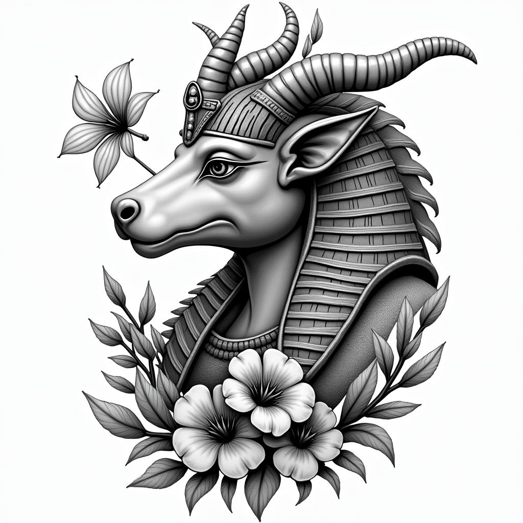 SAKURA COVERED DRAGON SPITTING HEARTS AND PETAL Flowers Protecting A BABY OXin egyptian style tattoo, bold elements of ancient egyptian culture including a portrait of an Egyptian pharaoh with detailed facial features, in hieroglyphs and symbolic imagery, eye of horus, ankh symbol, scarab beetle - Variation 3