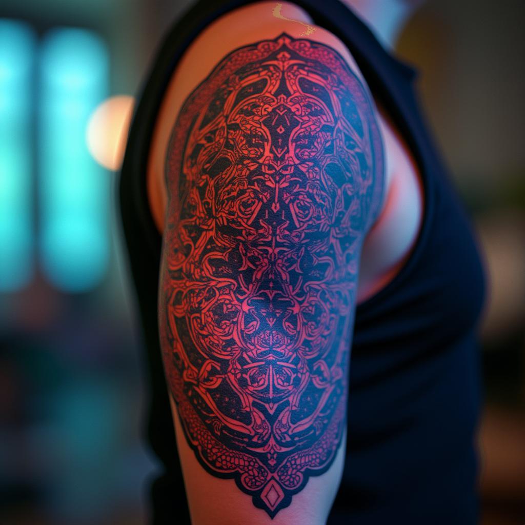 Futuristic cyberpunk girl with neon accentsin dotwork style tattoo, complex mandala patterns, interlocking geometric shapes with sharp symmetry, clean lines, sharp angles - Variation 5