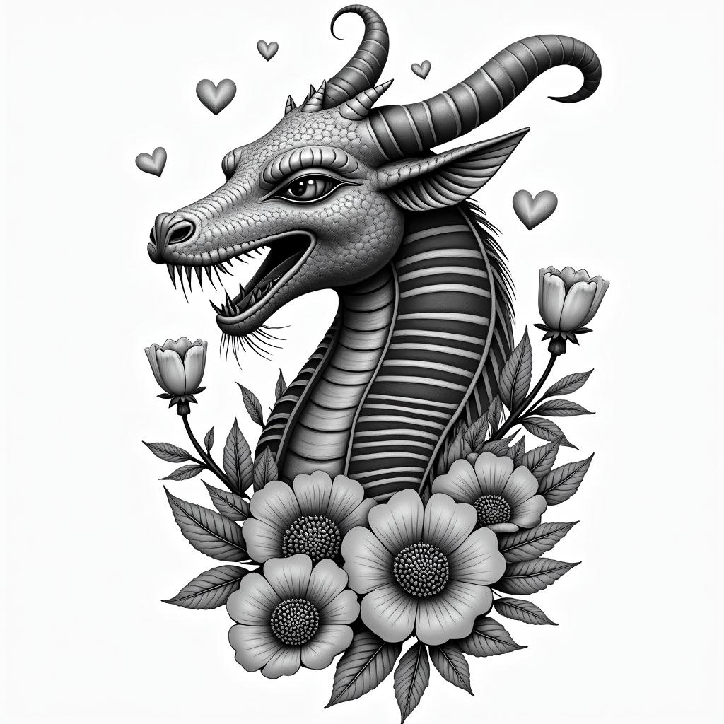 SAKURA COVERED DRAGON SPITTING HEARTS AND PETAL Flowers Protecting A BABY OXin egyptian style tattoo, bold elements of ancient egyptian culture including a portrait of an Egyptian pharaoh with detailed facial features, in hieroglyphs and symbolic imagery, eye of horus, ankh symbol, scarab beetle