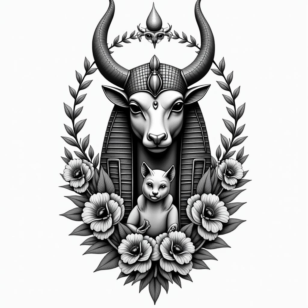SAKURA COVERED DRAGON SPITTING HEARTS AND PETAL Flowers Protecting A BABY OXin egyptian style tattoo, bold elements of ancient egyptian culture including a portrait of an Egyptian pharaoh with detailed facial features, in hieroglyphs and symbolic imagery, eye of horus, ankh symbol, scarab beetle - Variation 2