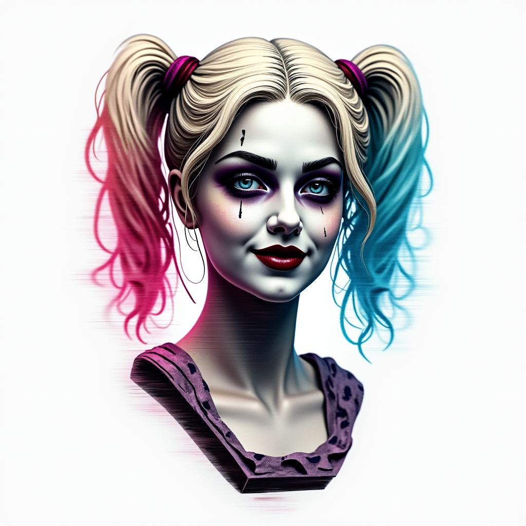 Harley Quinnin distorted and fragmented tattoo design, featuring a classical statue bust, in a glitch art style with vibrant, overlapping colors of cyan, magenta, and yellow, creating a digital distortion effect - Variation 5