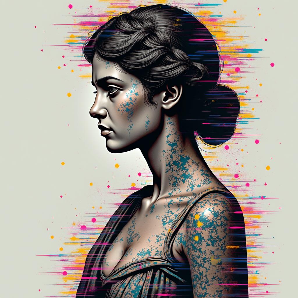 I would like illustrations that summarize my wounds, my fears, my doubts, my joys.in distorted and fragmented tattoo design, featuring a classical statue bust, in a glitch art style with vibrant, overlapping colors of cyan, magenta, and yellow, creating a digital distortion effect - Variation 2