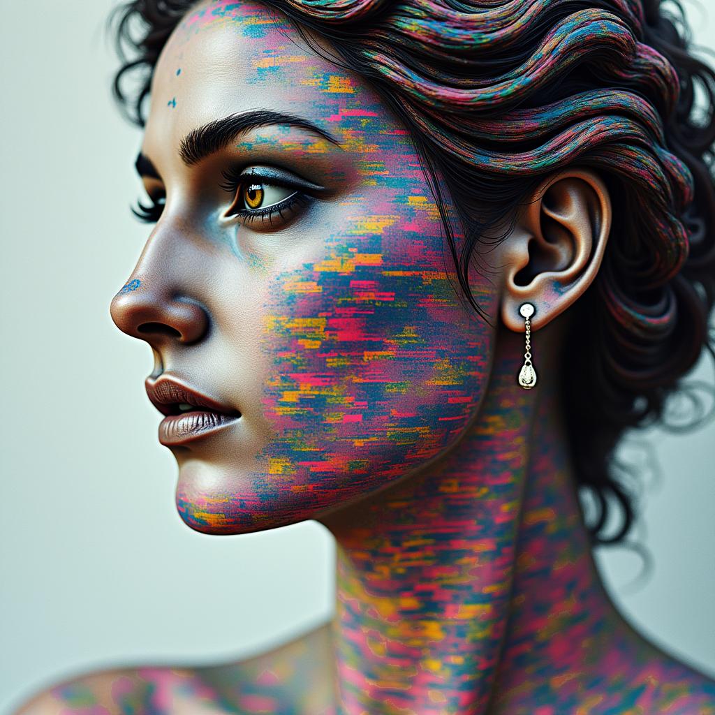 I would like illustrations that summarize my wounds, my fears, my doubts, my joys.in distorted and fragmented tattoo design, featuring a classical statue bust, in a glitch art style with vibrant, overlapping colors of cyan, magenta, and yellow, creating a digital distortion effect