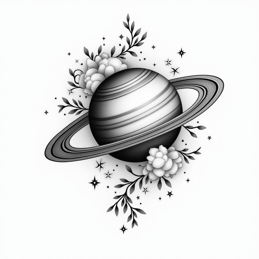 A Japanese-style tattoo design featuring Saturn, symbolizing loss and love, with the initial "P" incorporated into the design. Surround Saturn with gentle, swirling elements like clouds or stars to represent the profound connection to a lost child, combining elegance and emotional depth.higly detailed tattoo